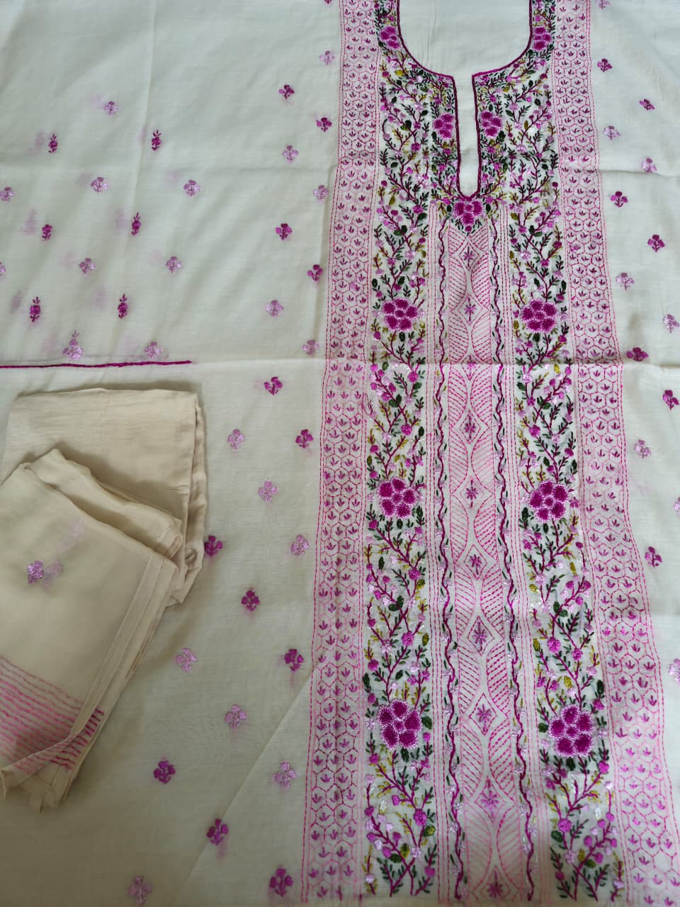 Pure Chanderi hand embroidered suit
